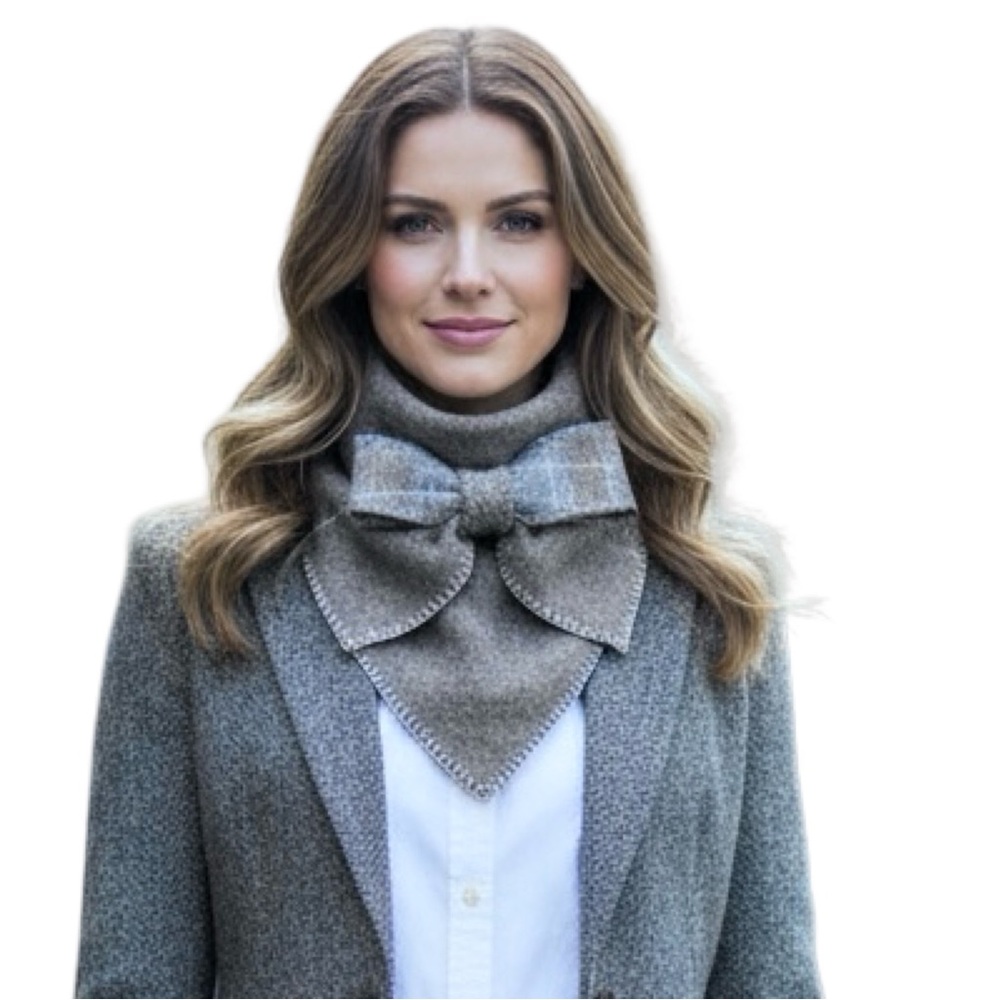 Cashmere Neckerchief Scarf Gray & Taupe w/ Argyle Bow from Clan Douglas Sweater